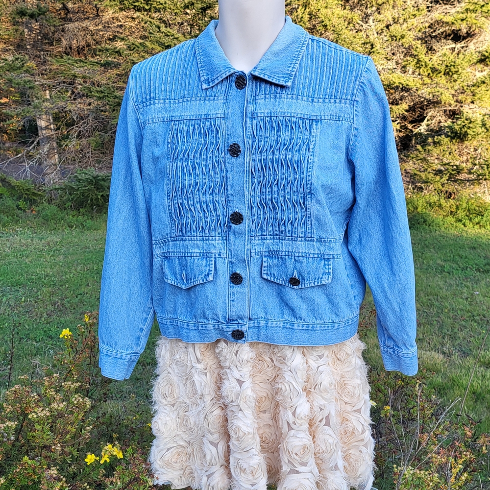"Pleated + Denim"  Shirt Jacket with Textured Design